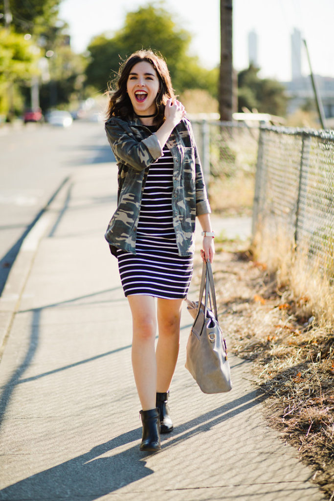 black-and-white-striped-t-shirt-dress-womens-camo-jacket-seattle-fashion-blogger-1