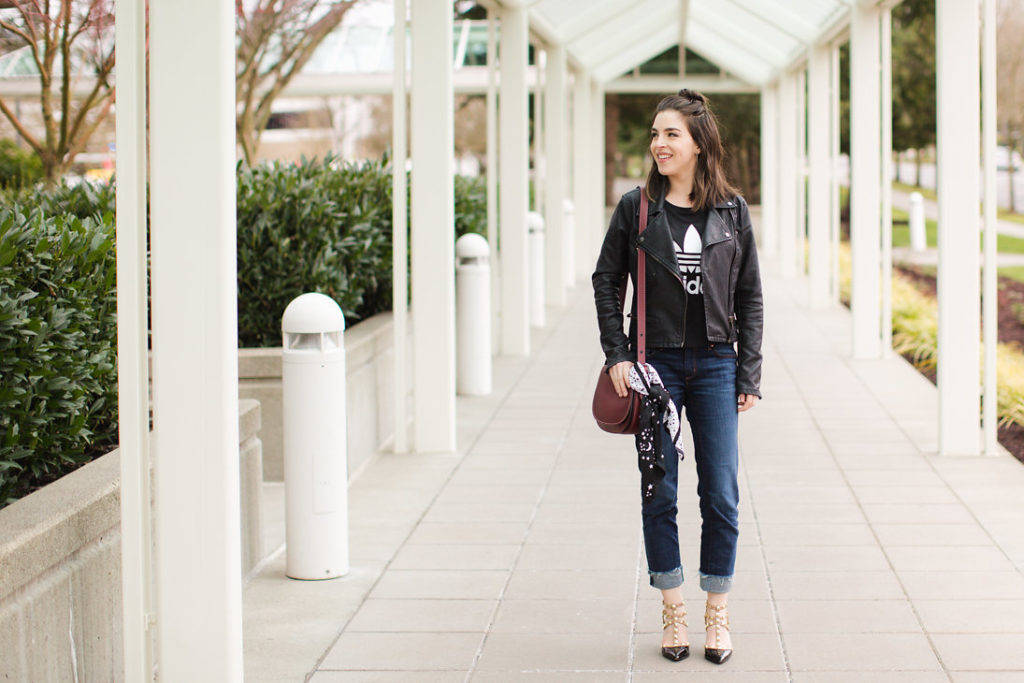 Seattle fashion blogger street style adidas tee leather jacket studded heels