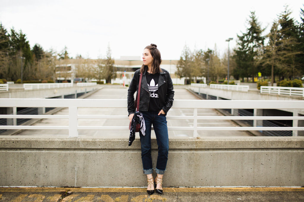 Seattle fashion blogger street style adidas tee leather jacket studded heels 12