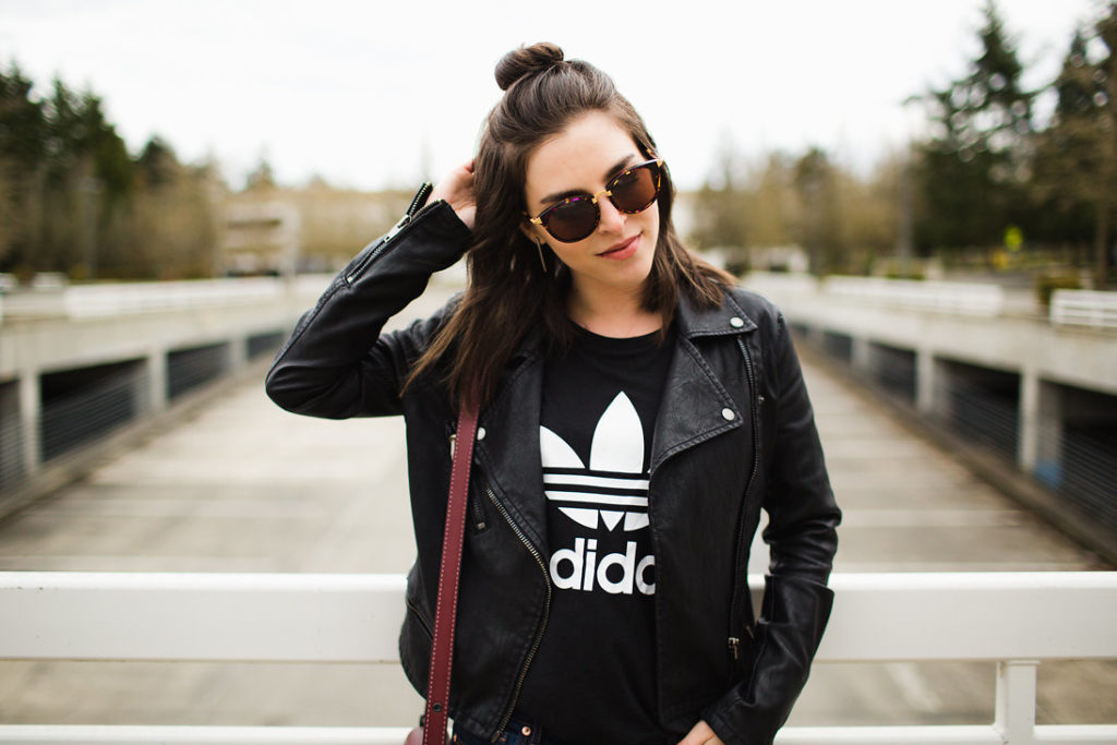 Seattle fashion blogger street style adidas tee leather jacket studded heels 13