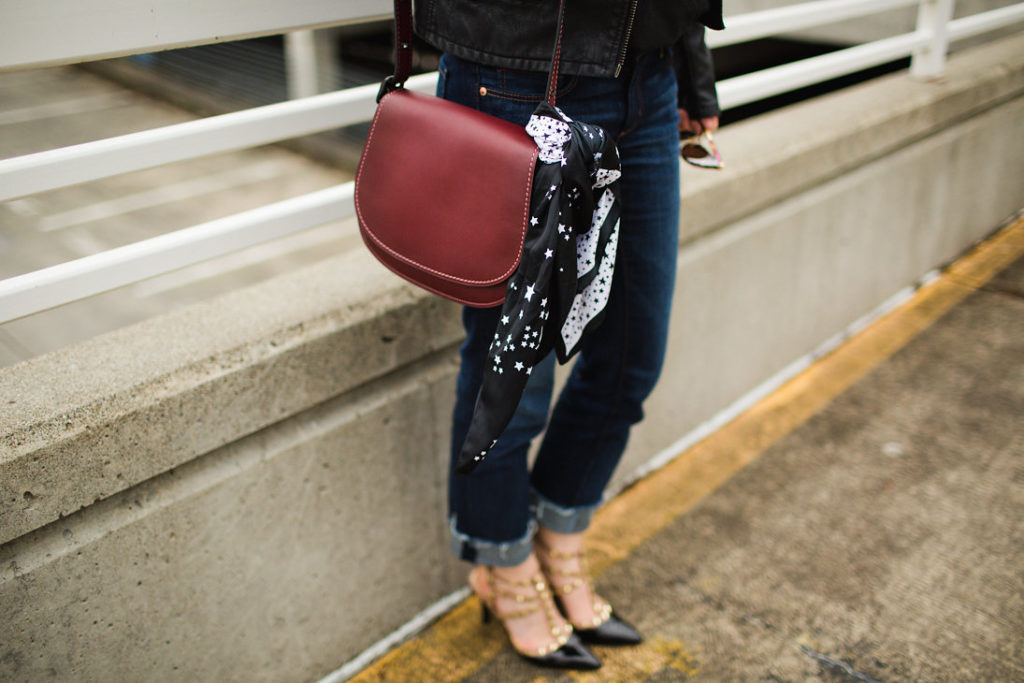 Seattle fashion blogger street style adidas tee leather jacket studded heels