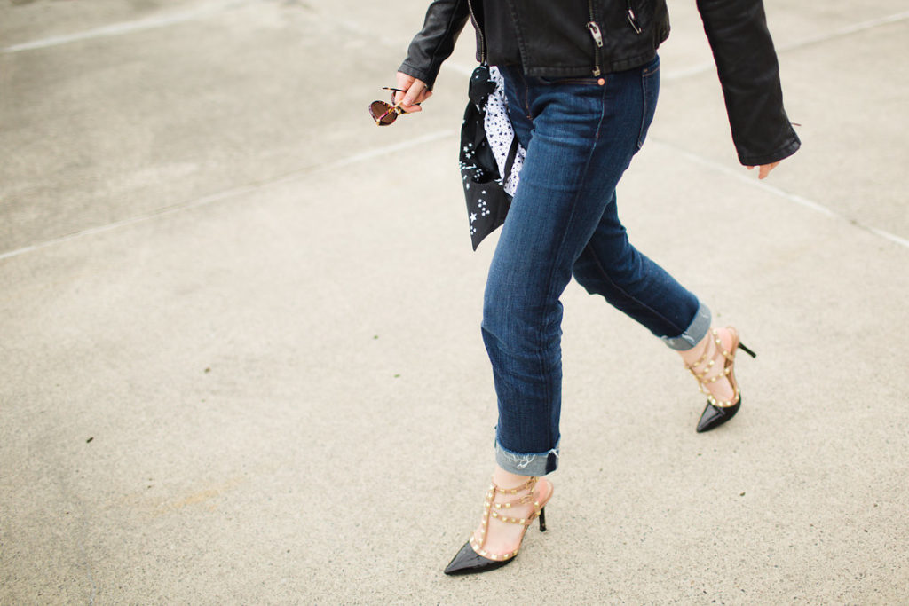 Seattle fashion blogger street style adidas tee leather jacket studded heels 18