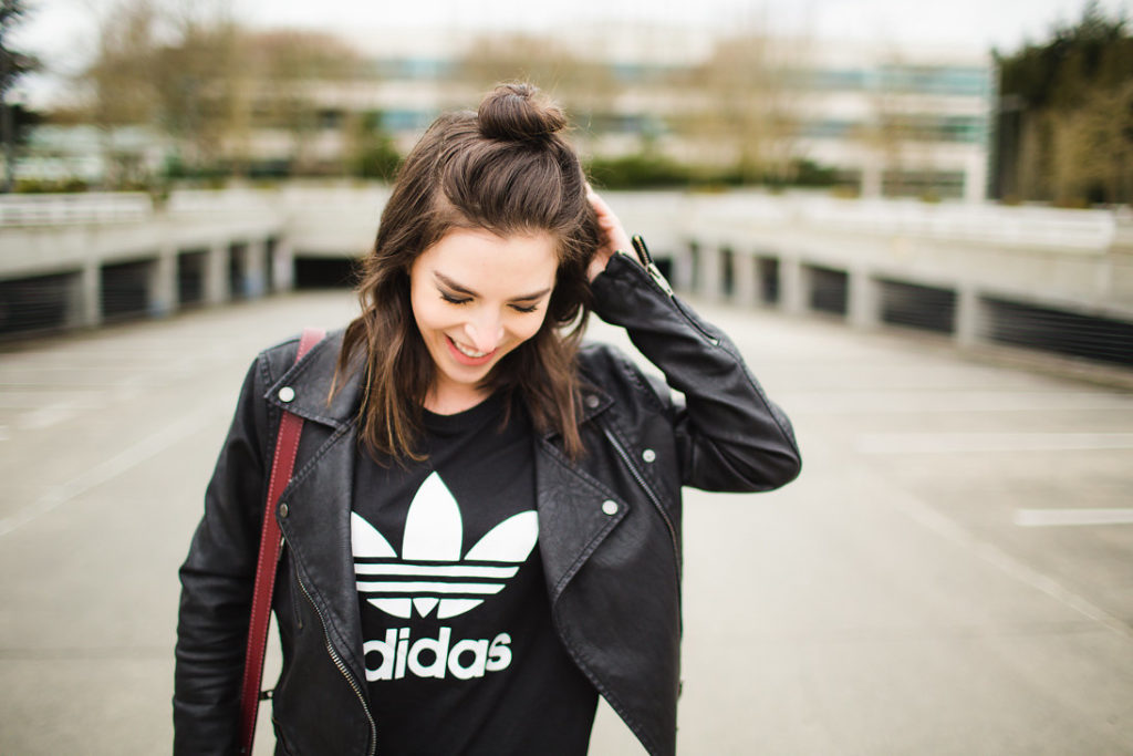 Seattle fashion blogger street style adidas tee leather jacket studded heels 22