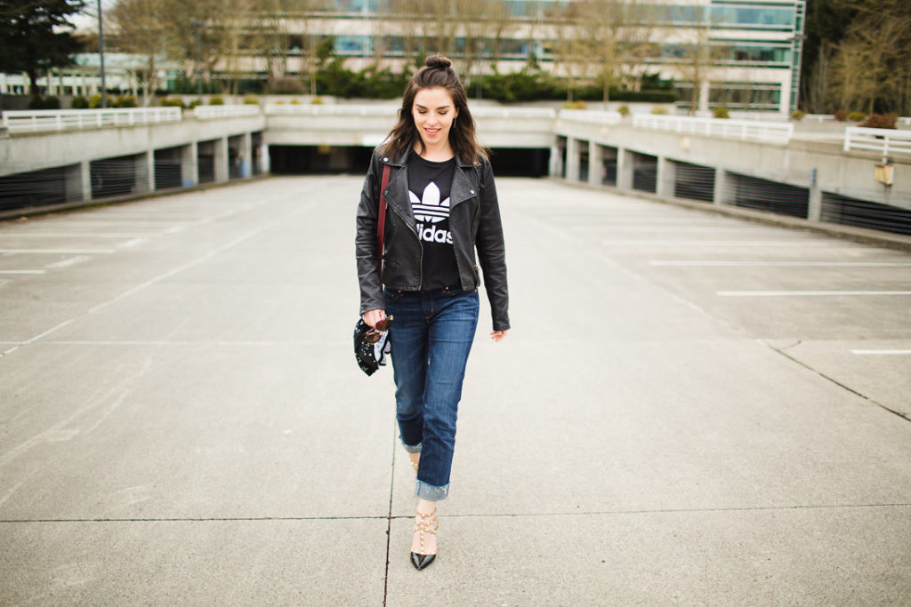 Seattle fashion blogger street style adidas tee leather jacket studded heels 24