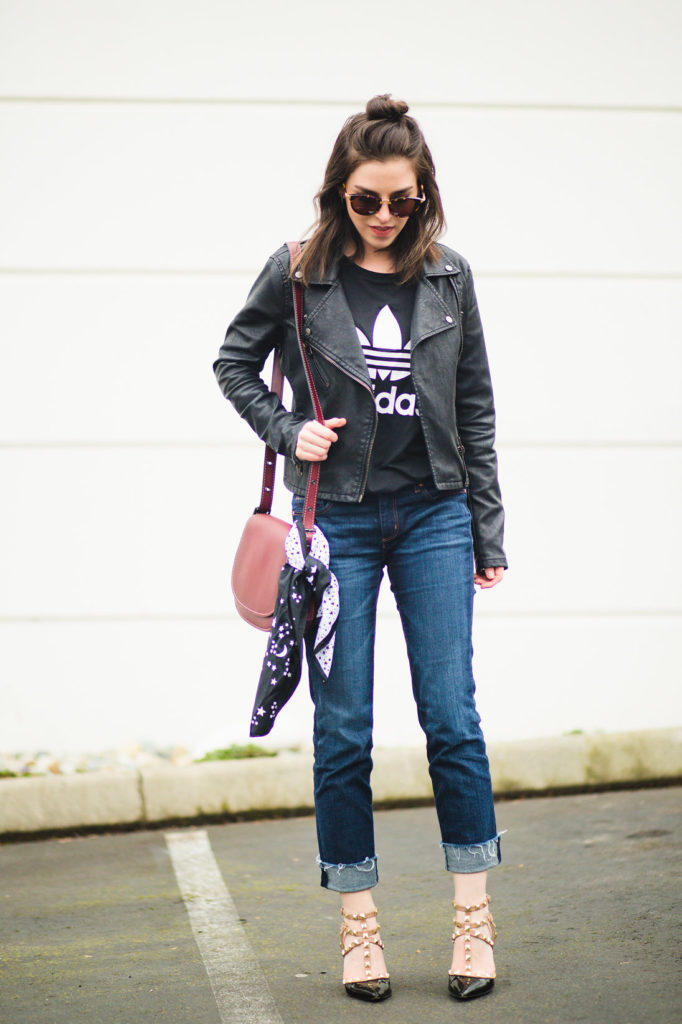 Seattle fashion blogger street style adidas tee leather jacket studded heels 27