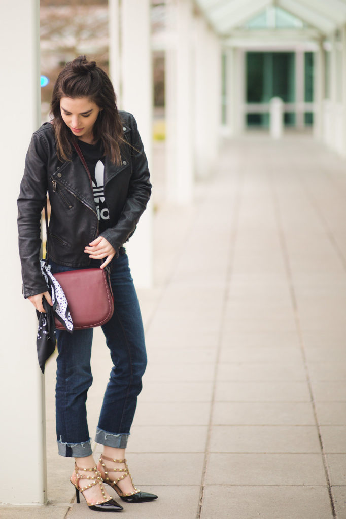 Seattle fashion blogger street style adidas tee leather jacket studded heels 8