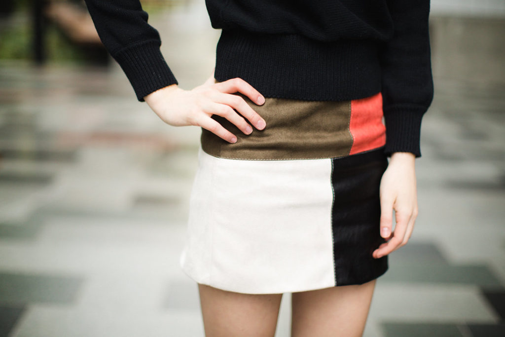 Suede and leather patchwork mini skirt