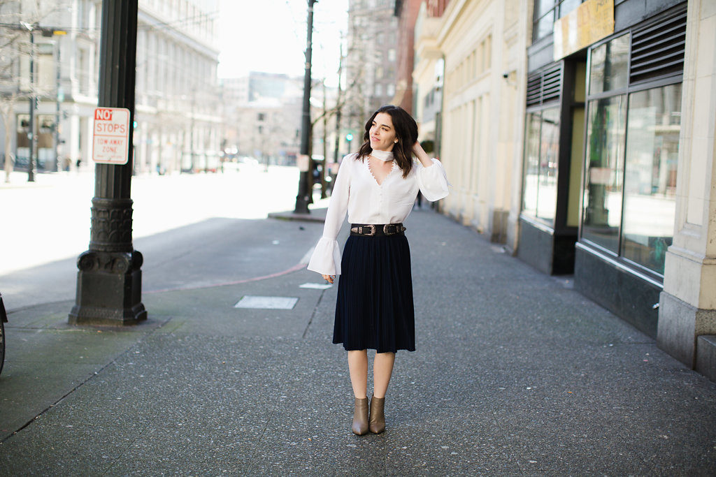 Navy Pleated Skirt White Choker Bell Sleeve Blouse Seattle Fashion Blogger
