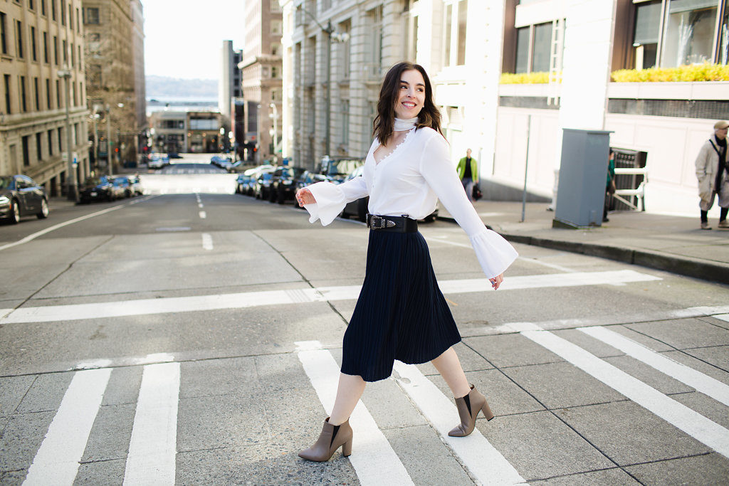 Navy Pleated Skirt White Choker Bell Sleeve Blouse Seattle Fashion Blogger7