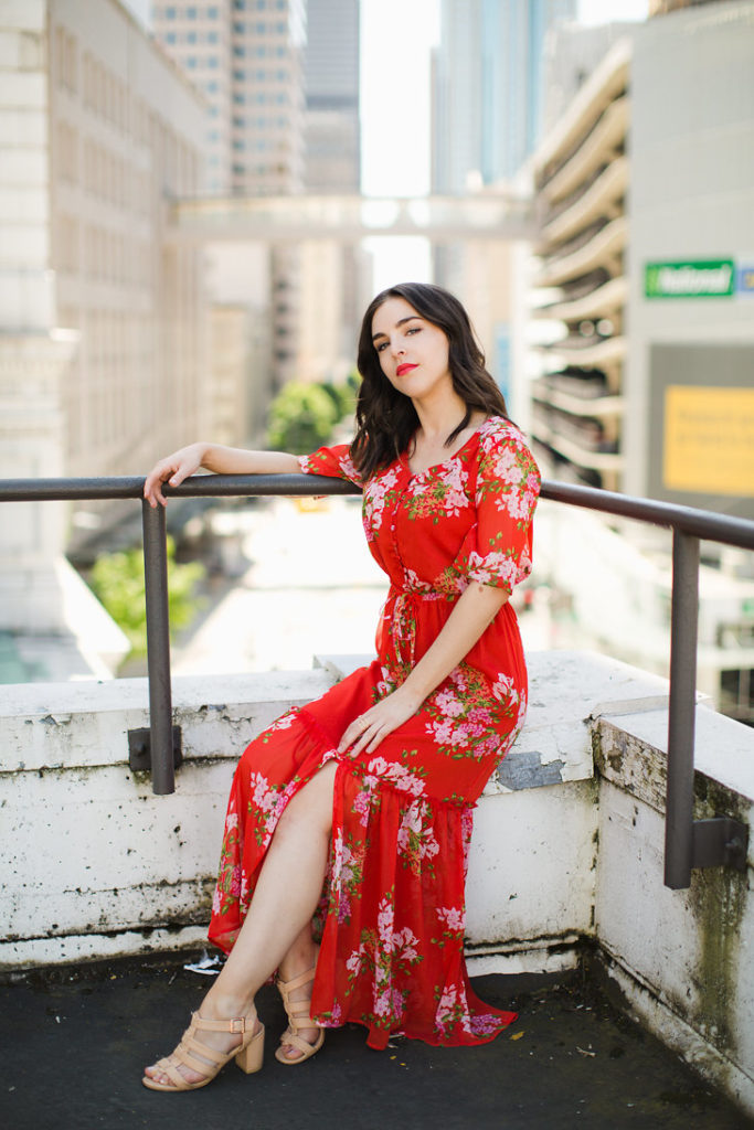 Who What Wear Tiered red maxi floral print dress