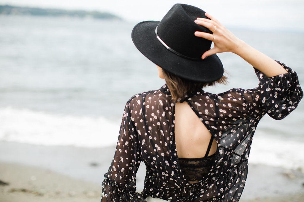 Black cut out floral blouse with black felt panama hat, denim shorts with lace trim (3)
