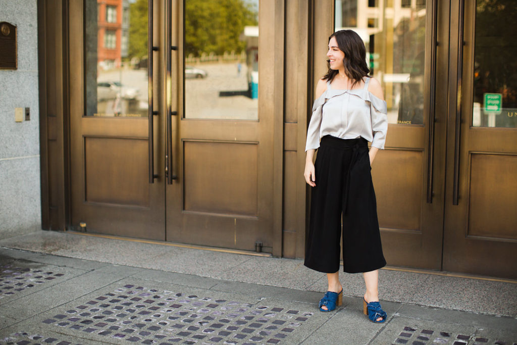 Black wide leg culottes and MIA denim mules with mejuri jewelry