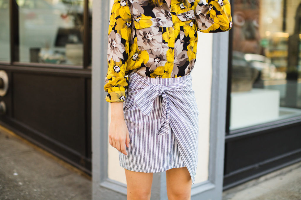 White and gray striped wrap tie mini skirt