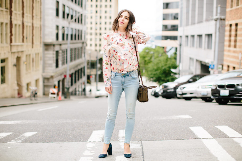 Ruffle top outfit, statement blouse with denim 