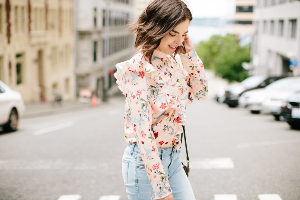 Ruffle top outfit, statement blouse with denim