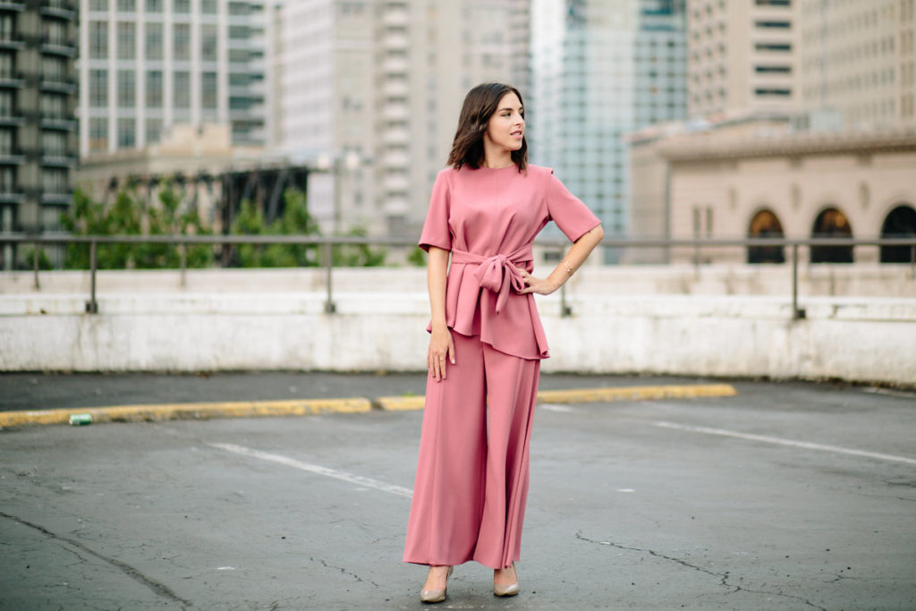 Color coordinated matching pink pants and blouse