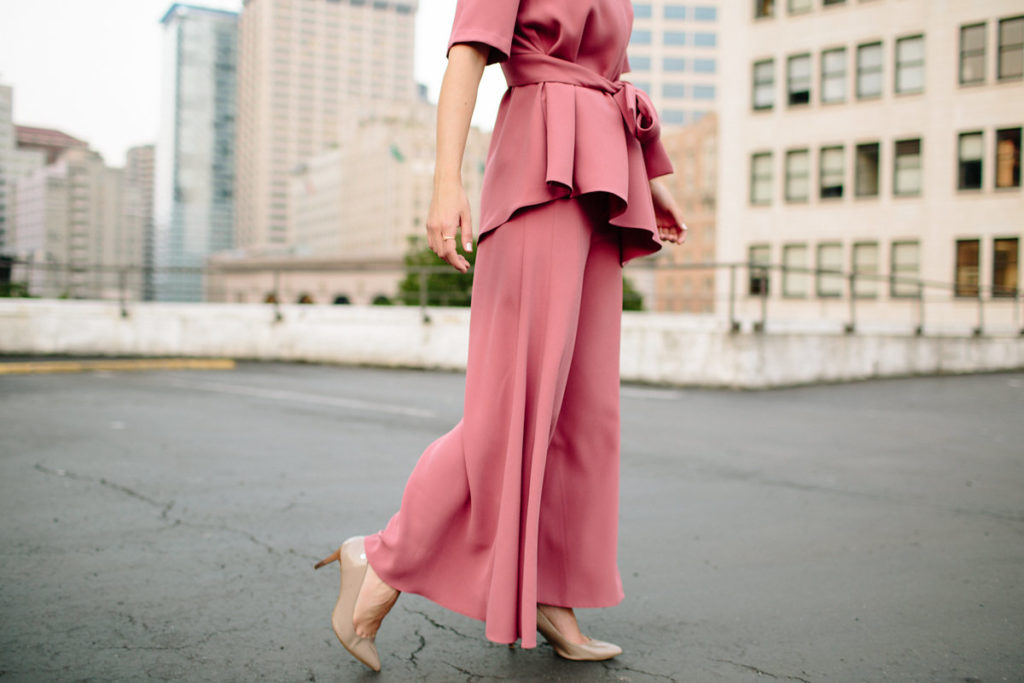 Matching trousers and pants with wrap tie blouse pink