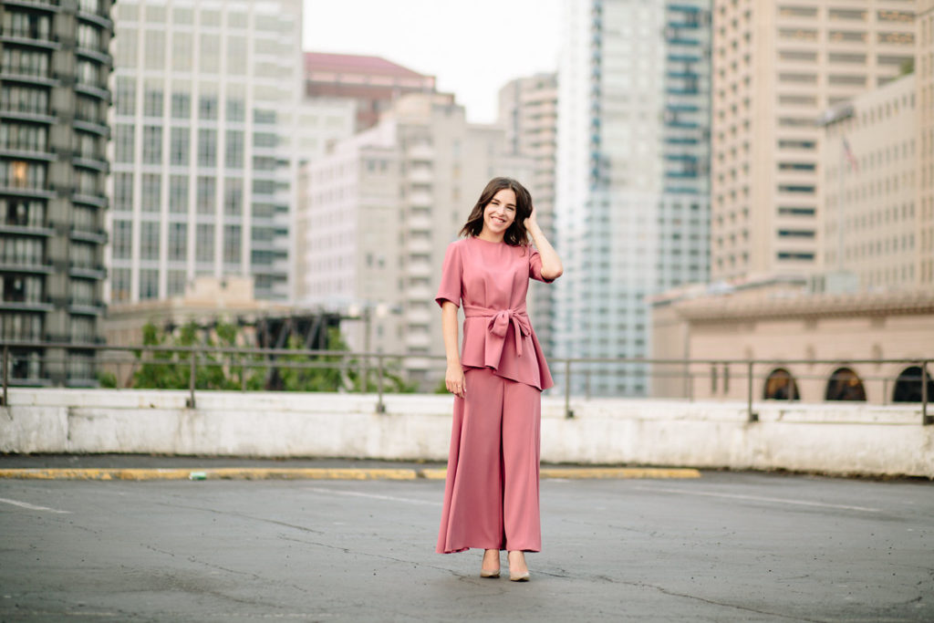 Pink color coordated separates with tie waist