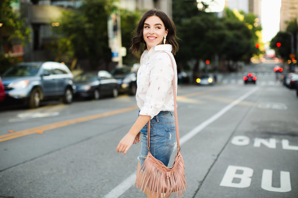 White cactus blouse and denim skirt