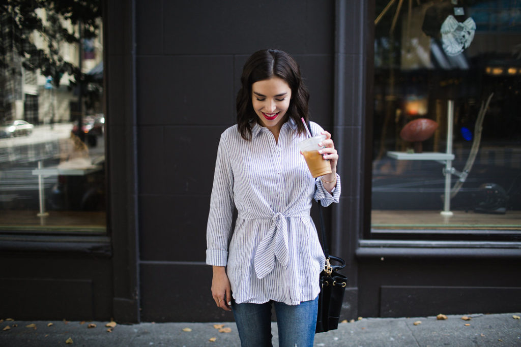 Button up collared shirt with tie front blouse, Foley and Corinna black crossbody