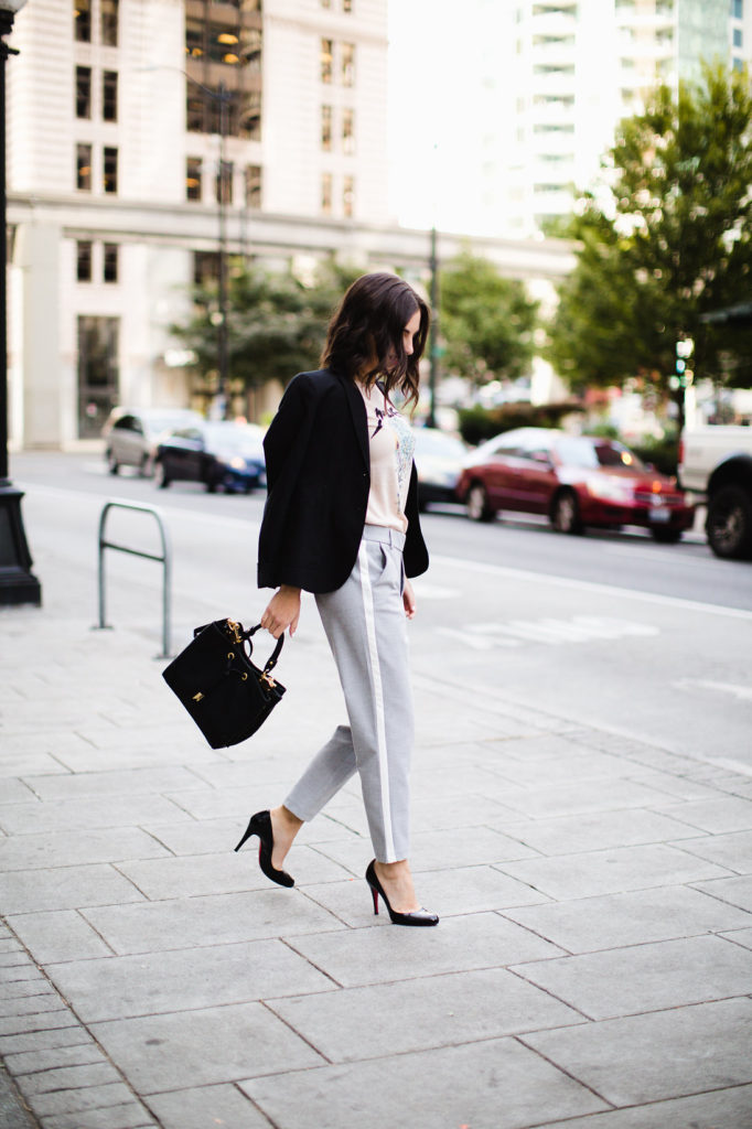 Gray trousers with track pant stripe, street style work outfit