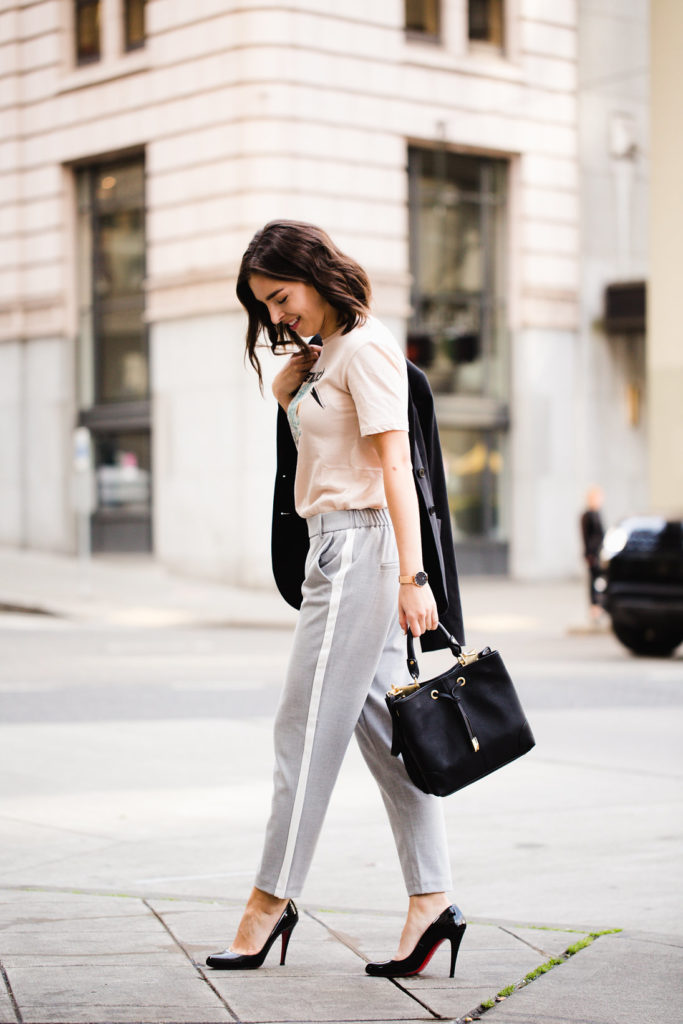 Gray trousers with white track pant stripe