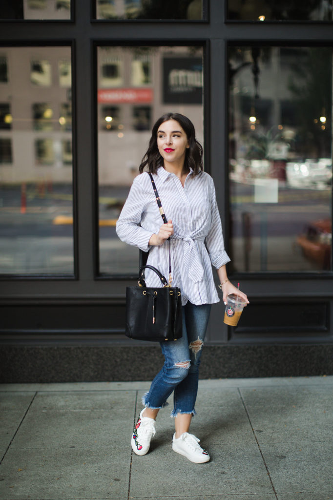 Striped blouse tie front distressed jeans embroidered sneakers