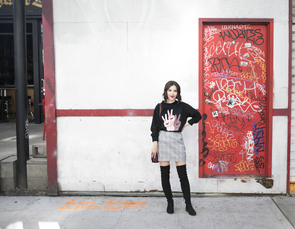 Peace sign graphic sweatshirt and mini skirt