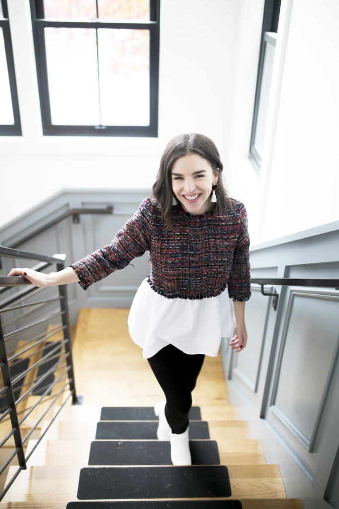 Tweed and white peplum blouse with white booties