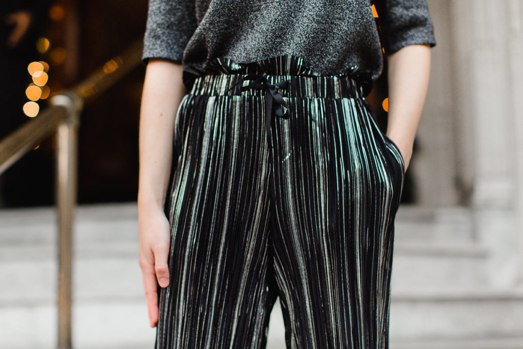Metallic pleated culotte pants New Year's Eve