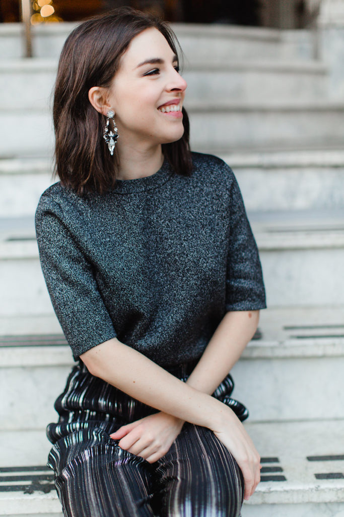 Sparkly sweater and metallic pants New Year's Eve Outfit