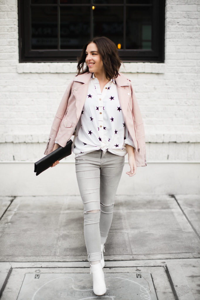 Star printed blouse and pink leather coat