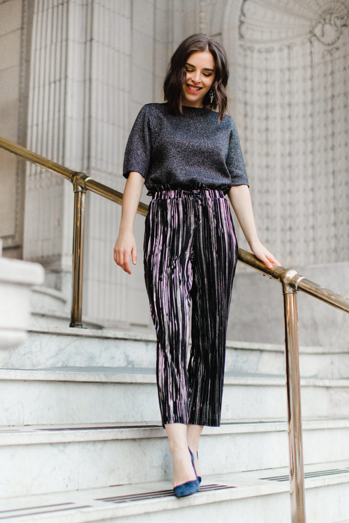Topshop Metallic pleated pants New Year's Eve outfit fashion blogger (1)
