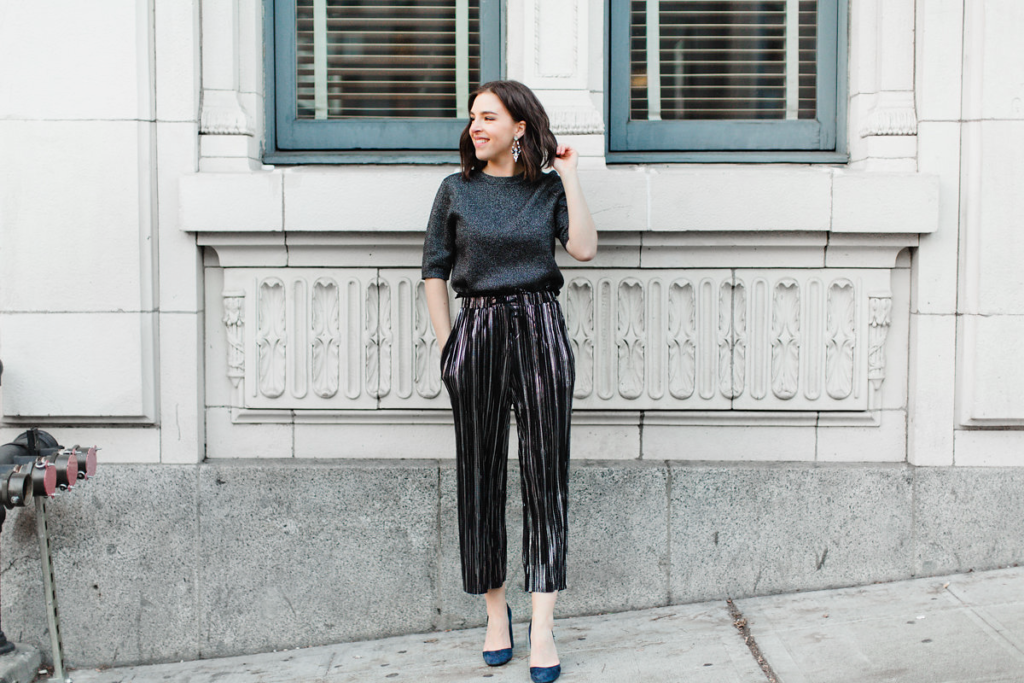 Topshop Metallic pleated pants New Year's Eve outfit fashion blogger (4)