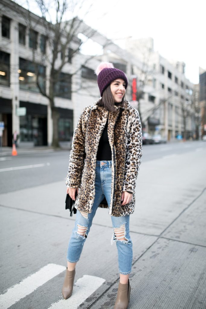 Faux fur leopard coat and beanie