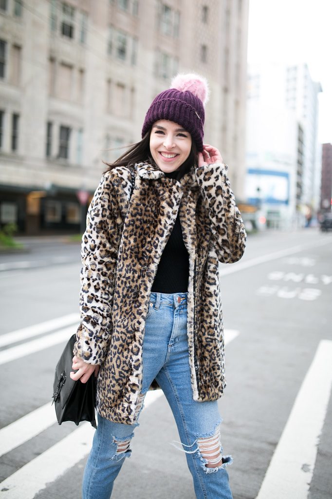 Faux fur long leopard coat and beanie with pom pom