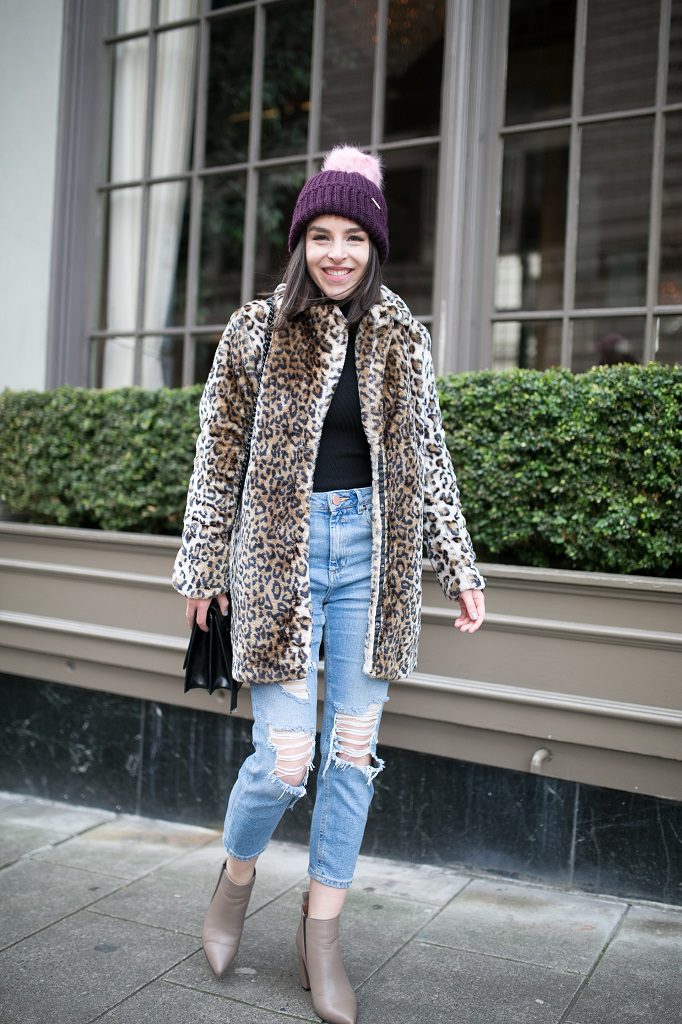 Petite fashion blogger leopard coat Seattle