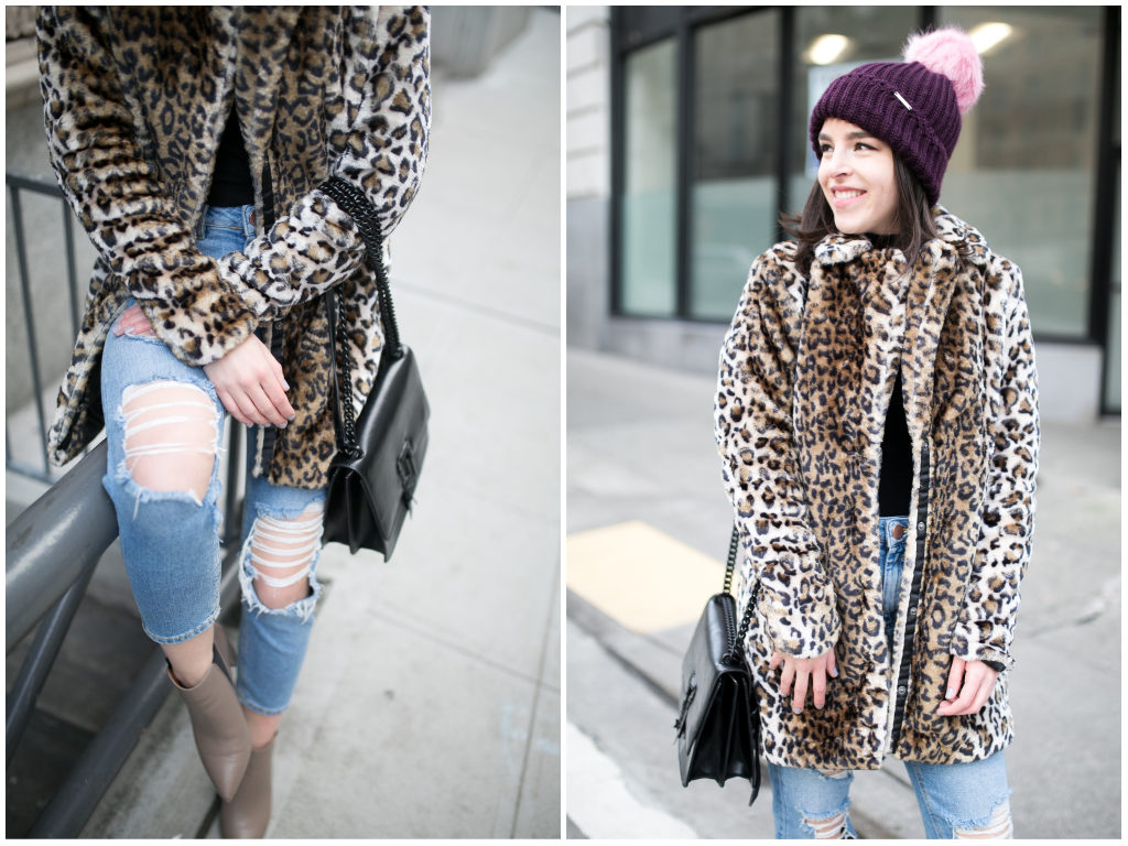 Seattle fashion blogger leopard faux fur coat and beanie