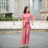 Color coordinated matching pink pants and blouse