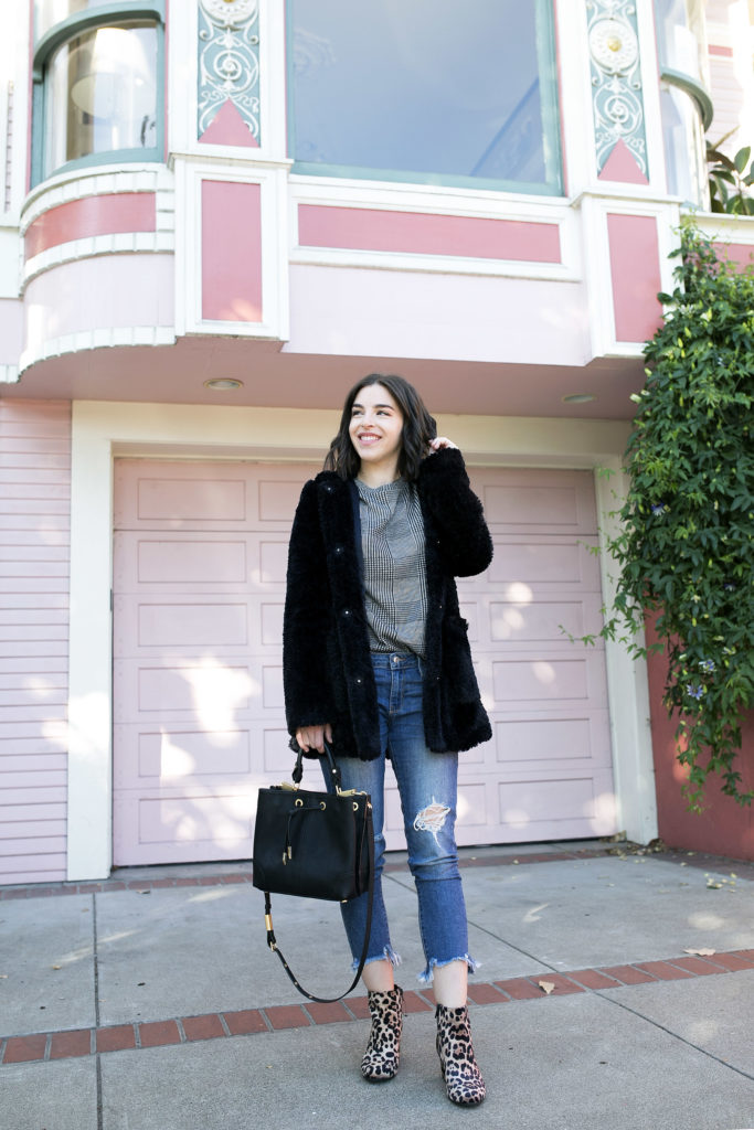 Leopard print booties from Target and Kenneth Cole Hooded Coat