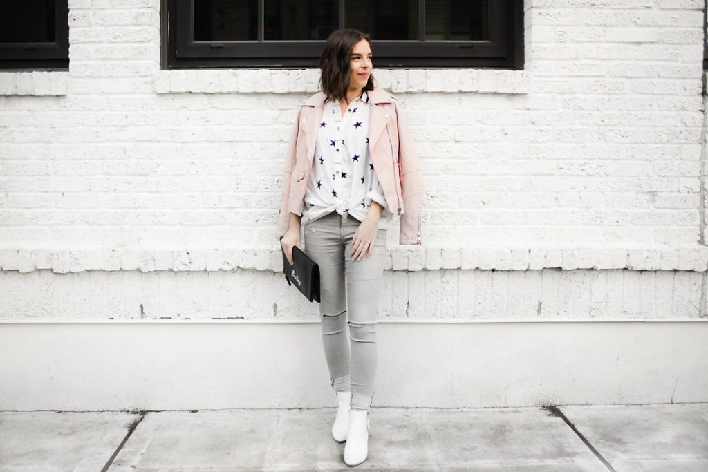 Star printed blouse and pink leather coat (10)