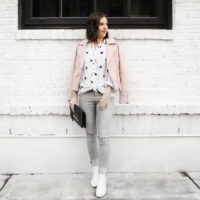 Star printed blouse and pink leather coat (10)