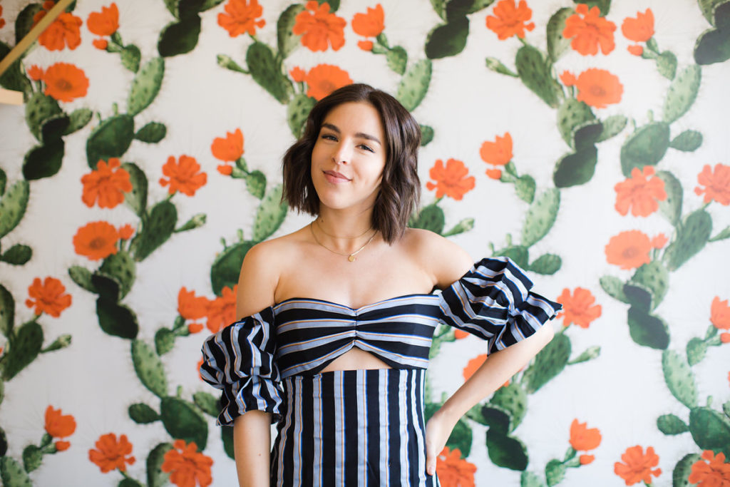 Off the shoulder striped dress with ruffles WAYF
