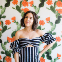 Off the shoulder striped dress with ruffles WAYF