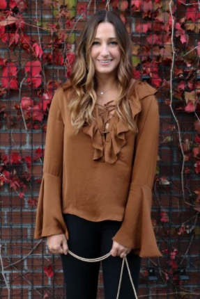 Tie Front Ruffle Sleeve Blouse Brown with Bell Sleeves
